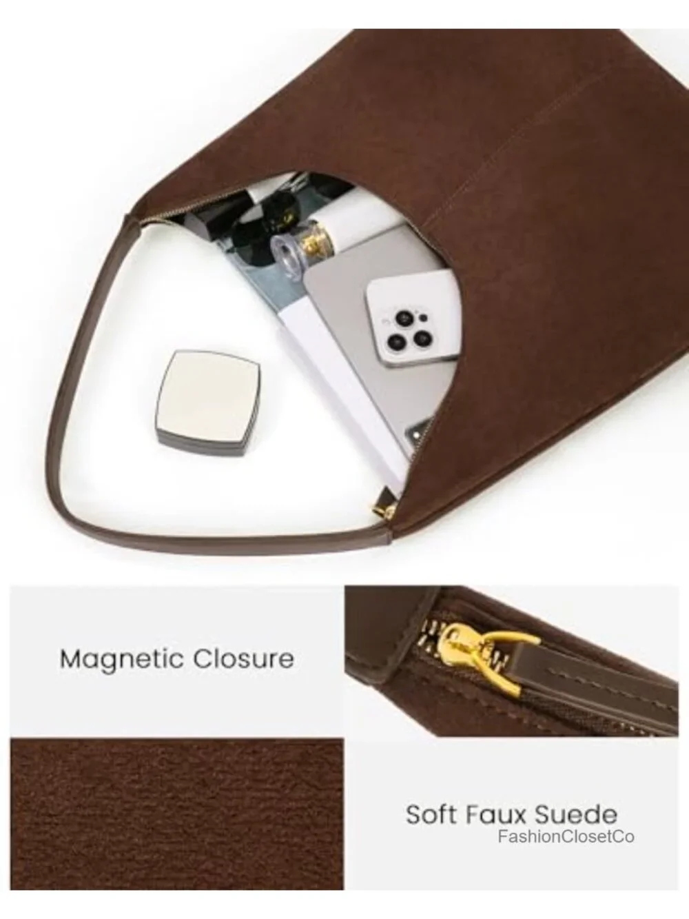 Faux Suede Hobo Tote Bag with Magnetic Flap Shoulder Strap